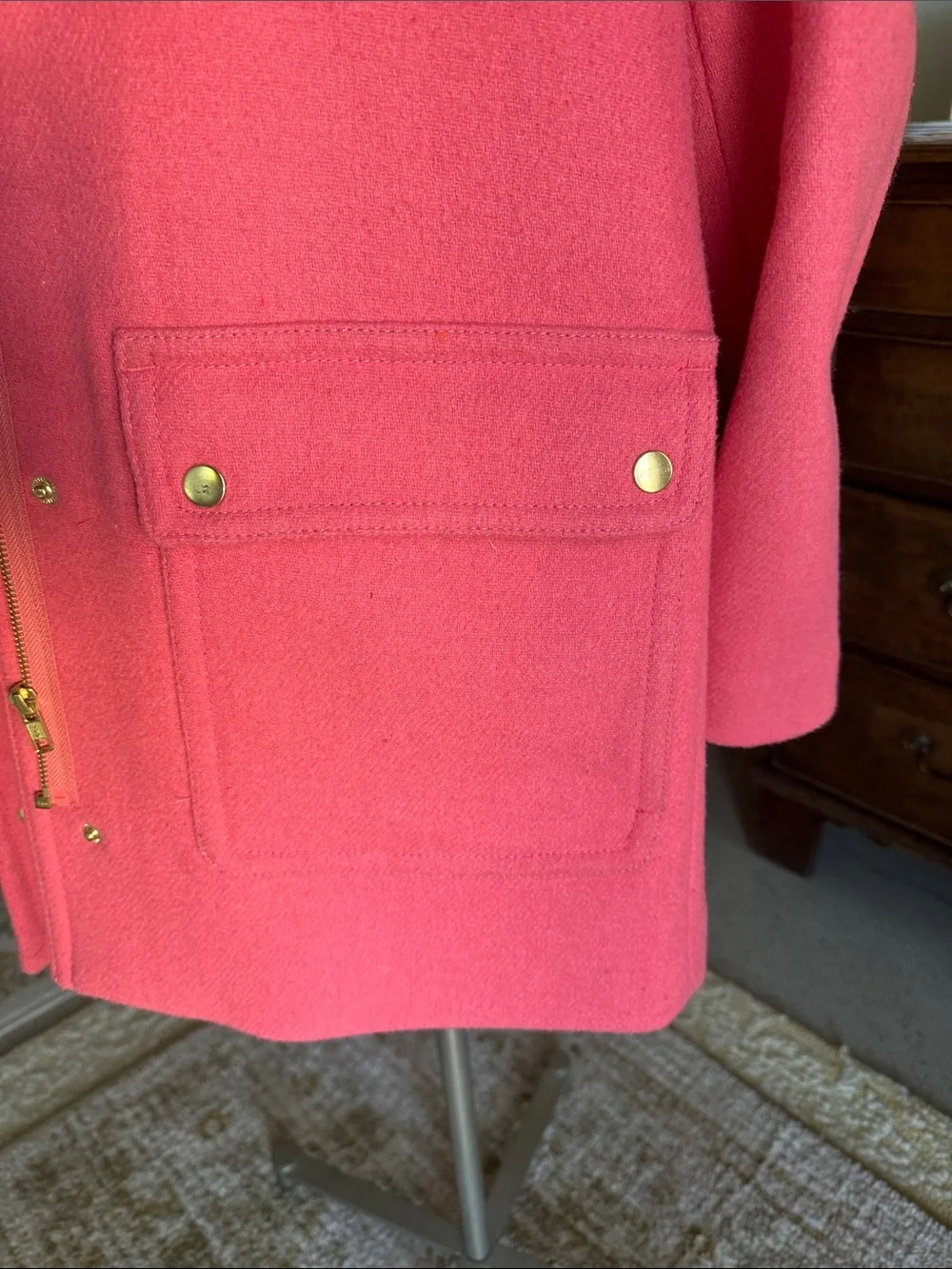 J. Crew Pink Hooded Wool-Blend Trench Coat with Faux Fur Trim